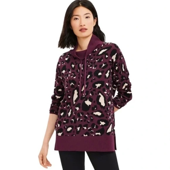 Lou & Grey Leopard Print Drawstring Turtle Neck Sweater Size Small - Picture 1 of 8